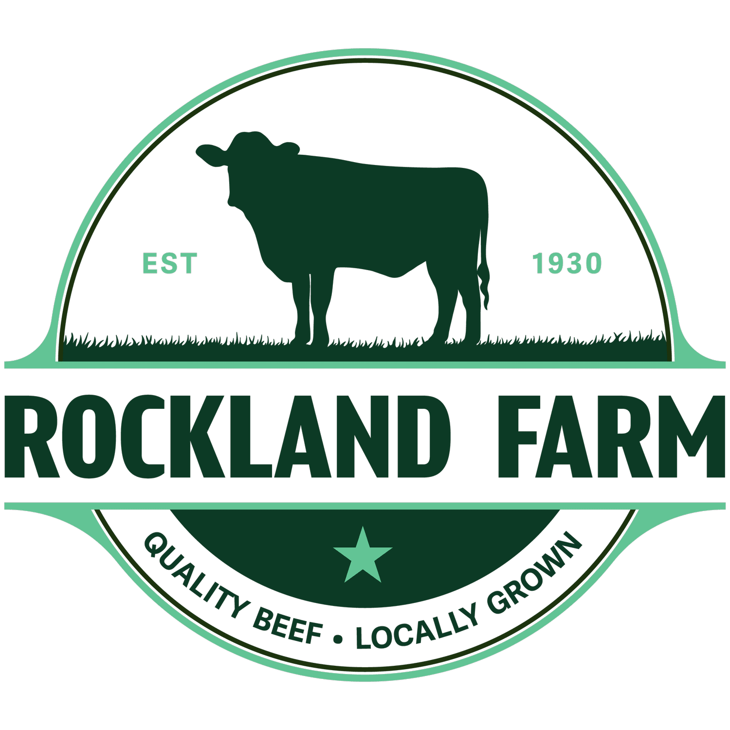 RocklandFarm_Logo_Primary Logo of Rockland Farm established in 1930, featuring a silhouette of a cow and emphasizing quality beef that is locally grown.